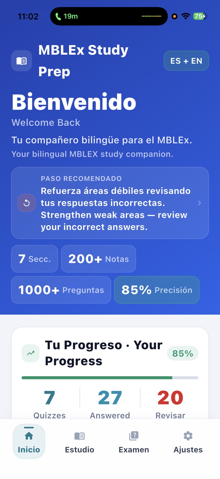 Spanish-supported MBLEx Study Prep dashboard