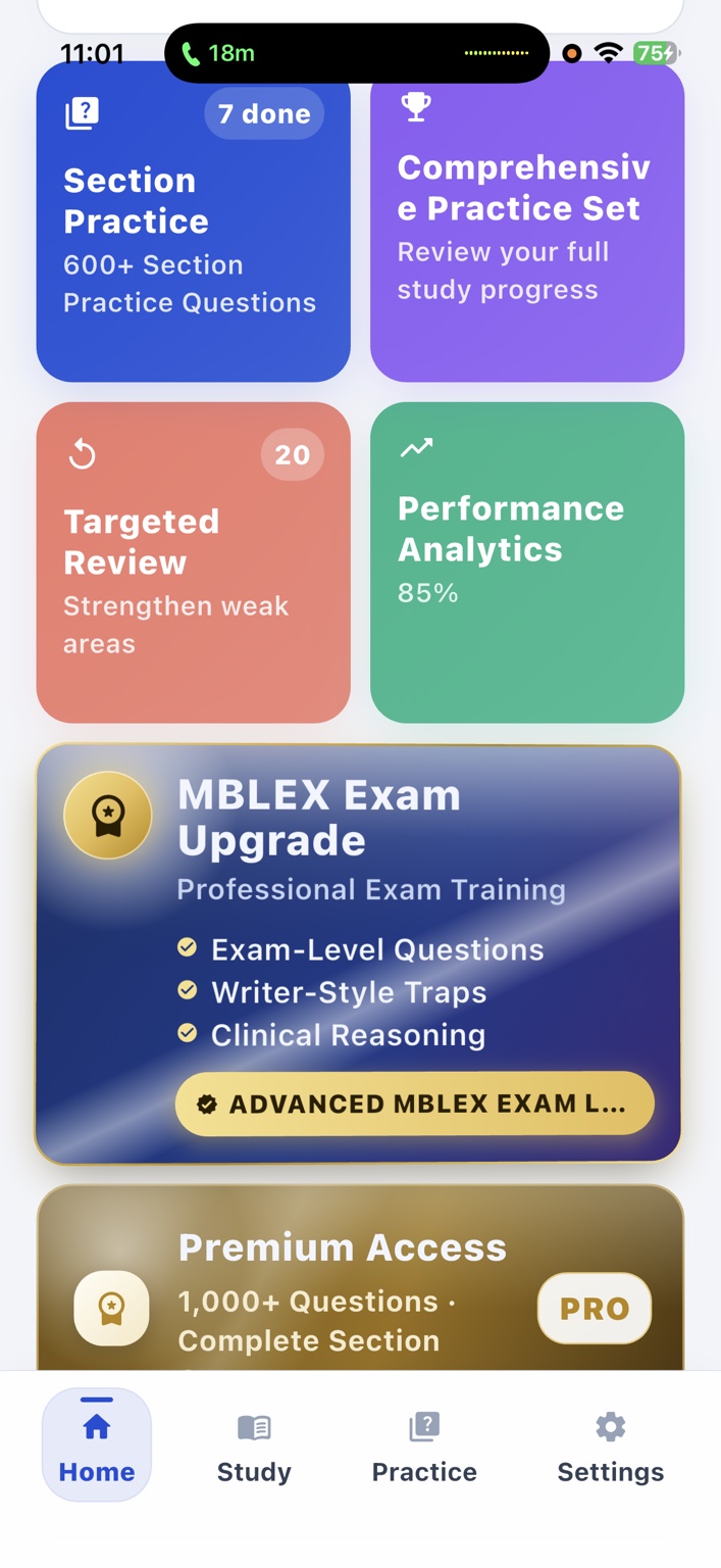 MBLEx Study Prep practice dashboard and targeted review screen