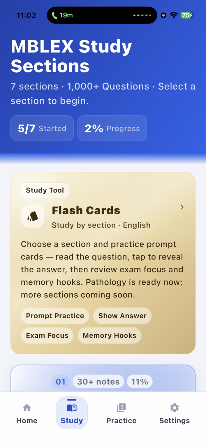 MBLEx Study Prep screen listing study sections and Flash Cards