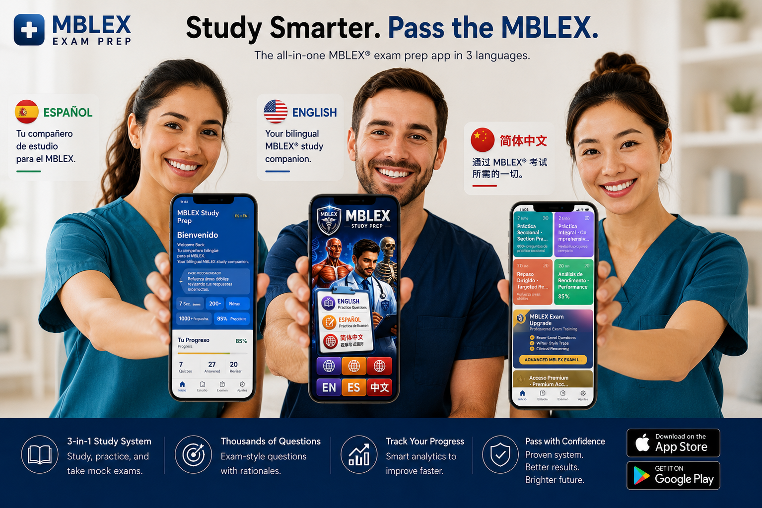 Three massage therapy learners presenting the English, Spanish and Simplified Chinese MBLEx Study Prep app paths