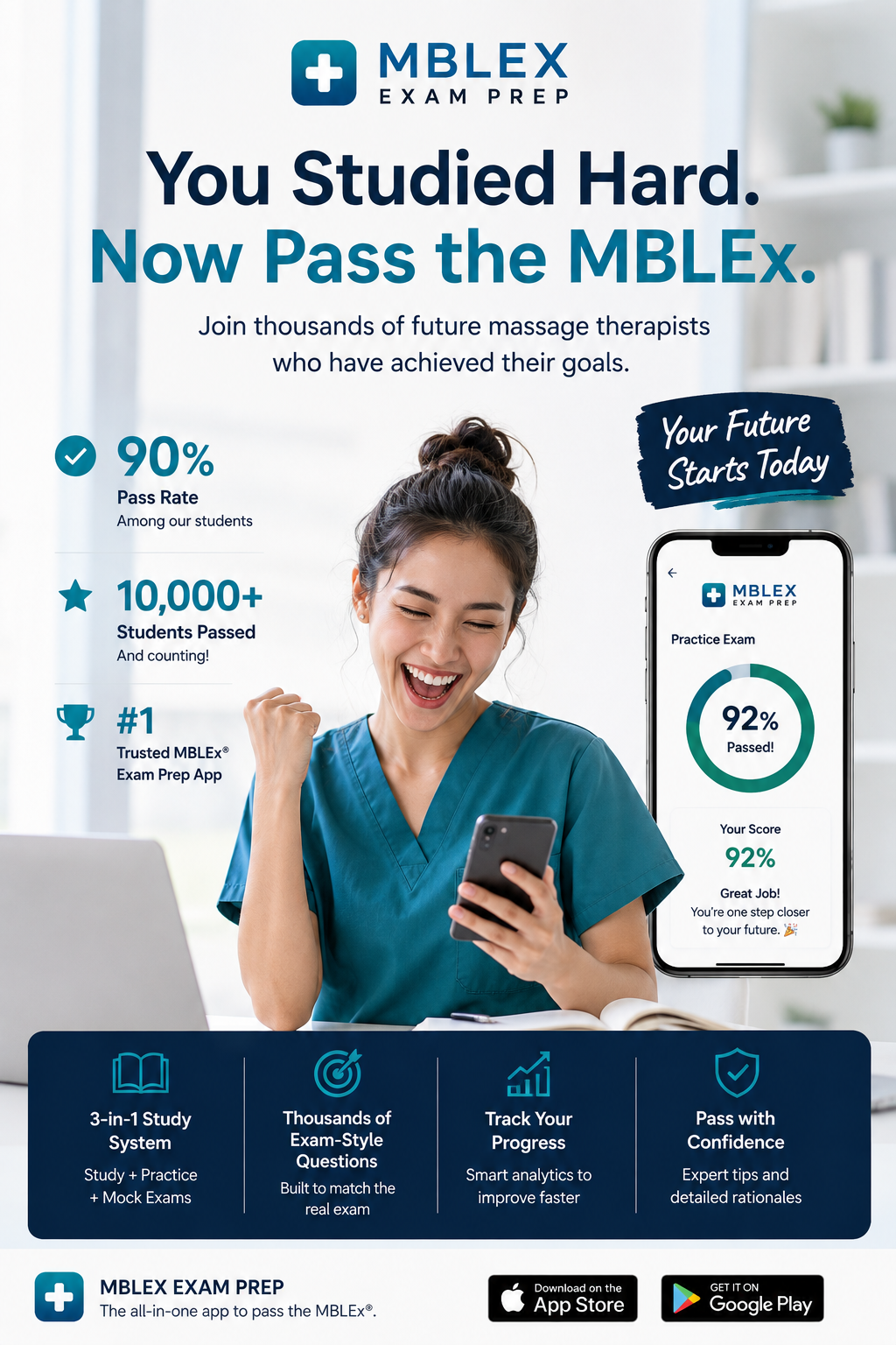 Approved MBLEx Study Prep artwork showing a student approaching exam preparation with confidence